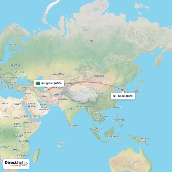 Ashgabat - Seoul direct flight map