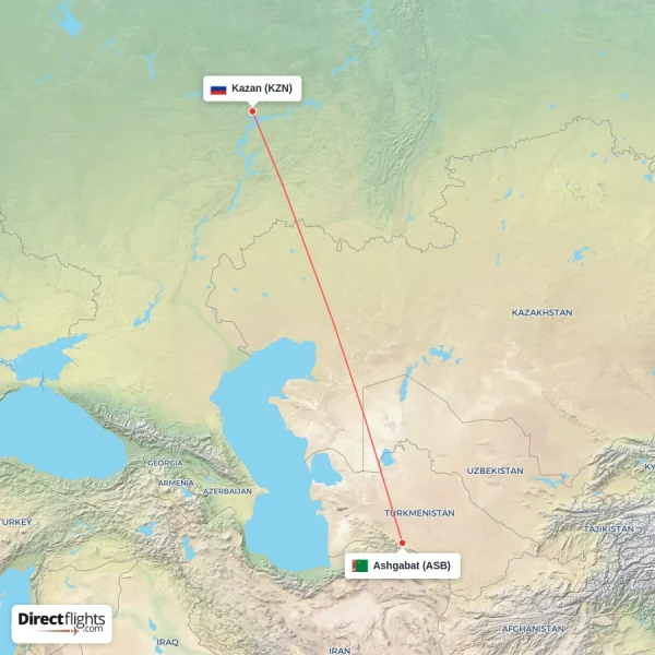 Ashgabat - Kazan direct flight map