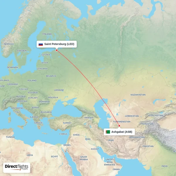 Ashgabat - Saint Petersburg direct flight map