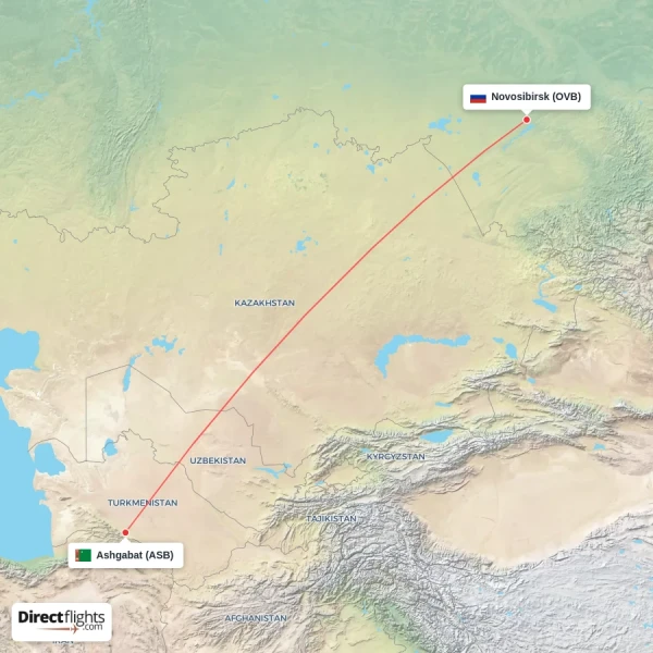 Ashgabat - Novosibirsk direct flight map