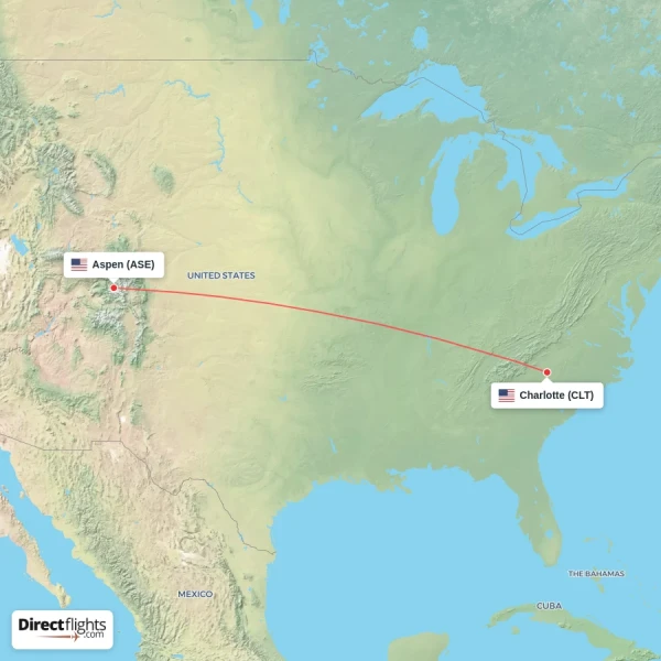 Aspen - Charlotte direct flight map