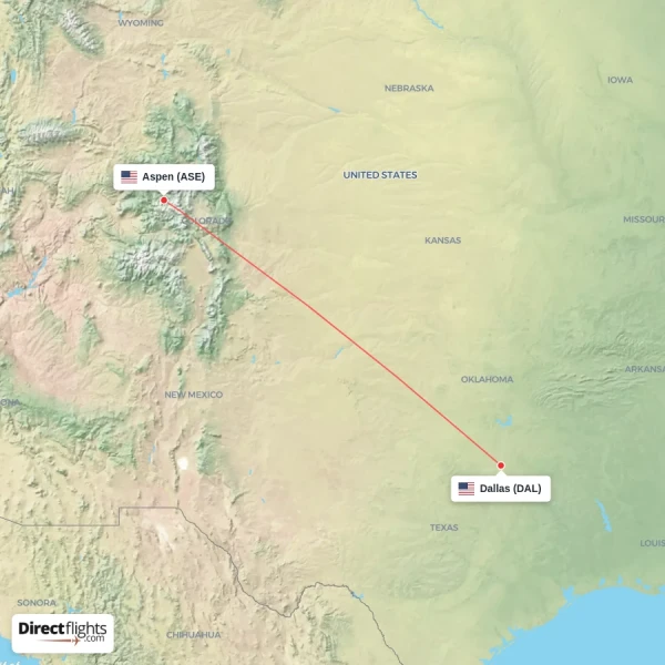 Aspen - Dallas direct flight map