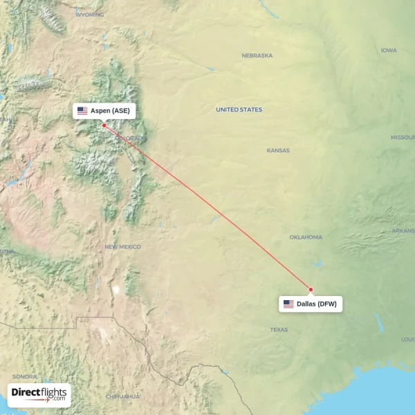 Aspen - Dallas direct flight map
