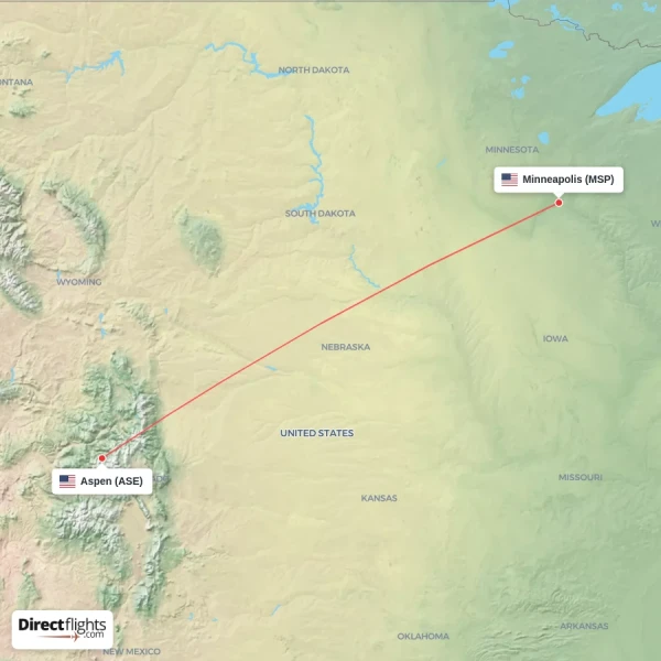 Aspen - Minneapolis direct flight map