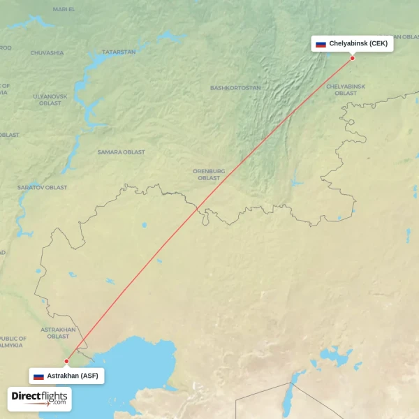 Astrakhan - Chelyabinsk direct flight map