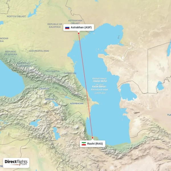 Astrakhan - Rasht direct flight map
