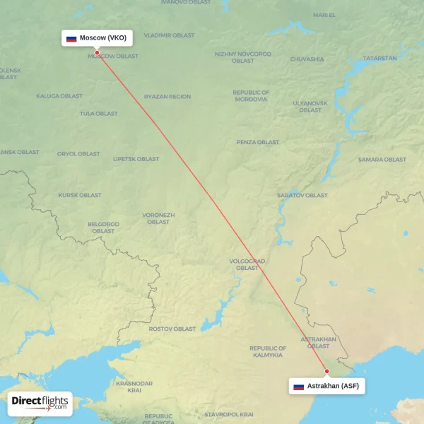 Astrakhan - Moscow direct flight map