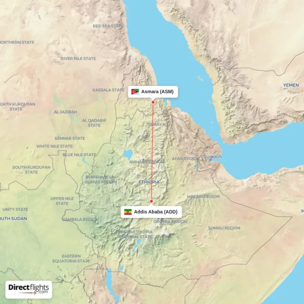 Asmara - Addis Ababa direct flight map