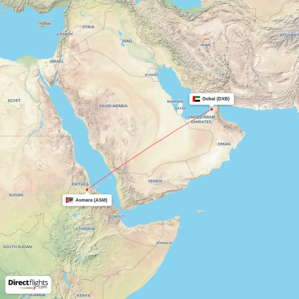 Asmara - Dubai direct flight map