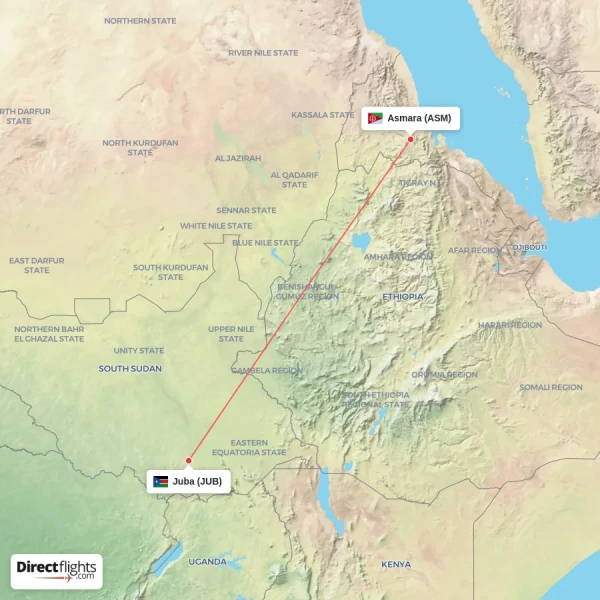 Asmara - Juba direct flight map