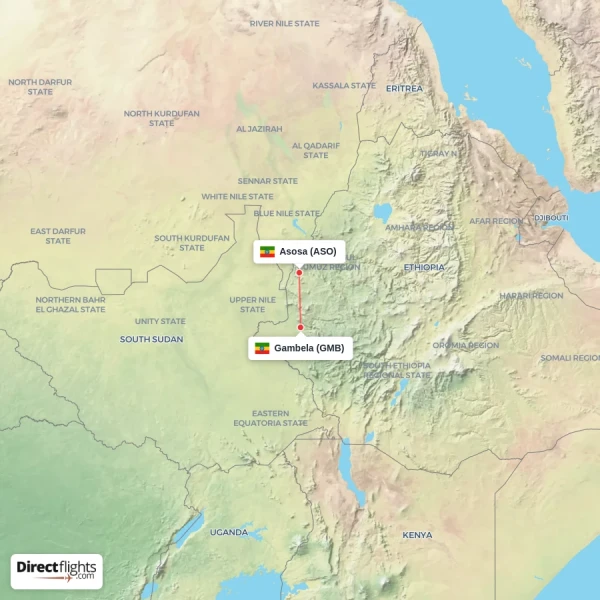 Asosa - Gambela direct flight map