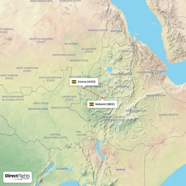 Asosa - Nekemt direct flight map