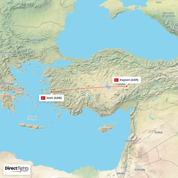Kayseri - Izmir direct flight map