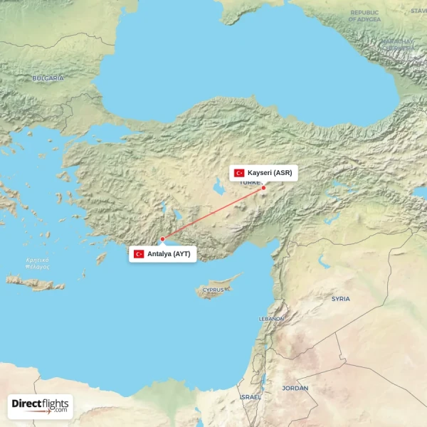 Kayseri - Antalya direct flight map