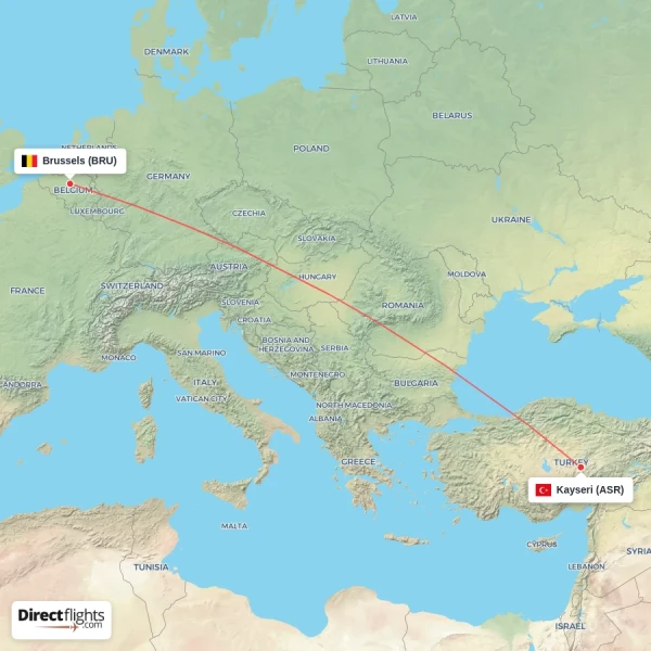 Kayseri - Brussels direct flight map