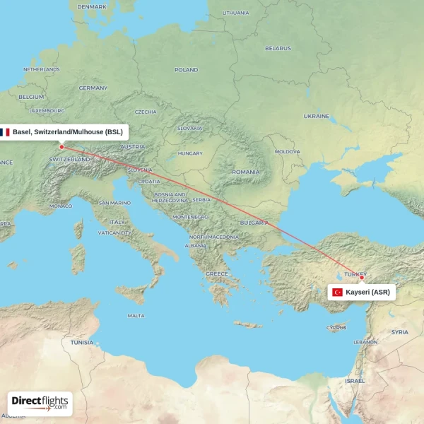Kayseri - Basel, Switzerland/Mulhouse direct flight map