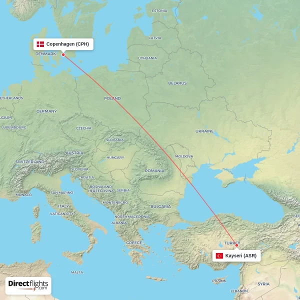 Kayseri - Copenhagen direct flight map