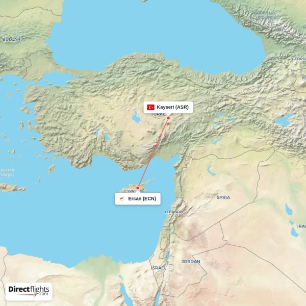 Kayseri - Ercan direct flight map