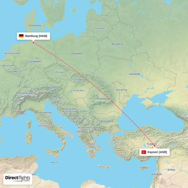 Kayseri - Hamburg direct flight map