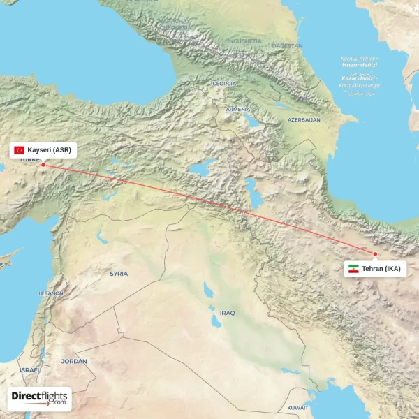 Kayseri - Tehran direct flight map