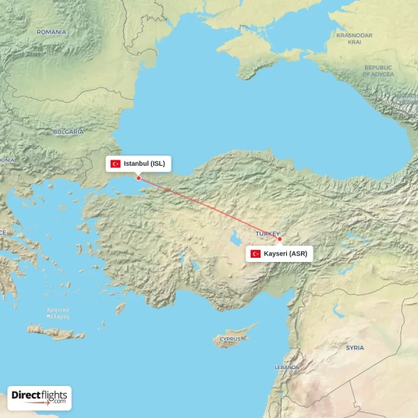Kayseri - Istanbul direct flight map