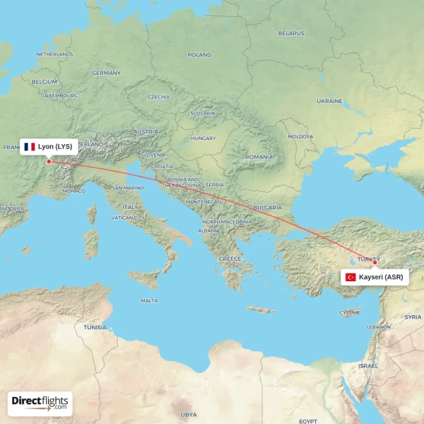 Kayseri - Lyon direct flight map