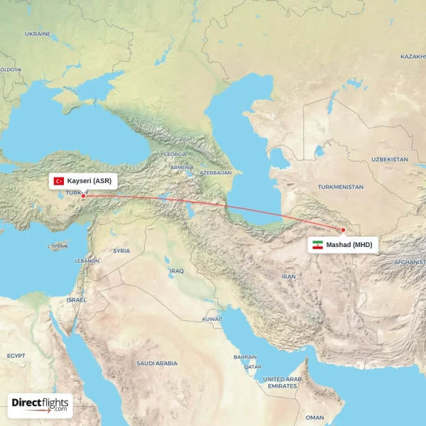 Kayseri - Mashad direct flight map