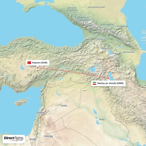 Kayseri - Nazluy-ye Jonubi direct flight map