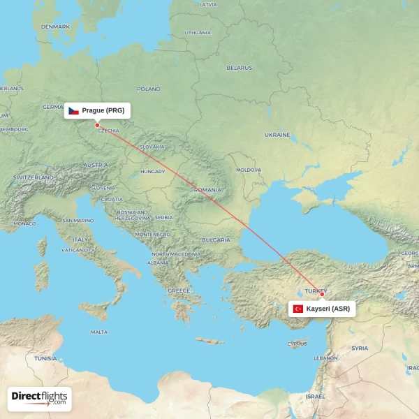 Kayseri - Prague direct flight map