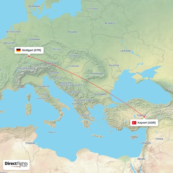 Kayseri - Stuttgart direct flight map
