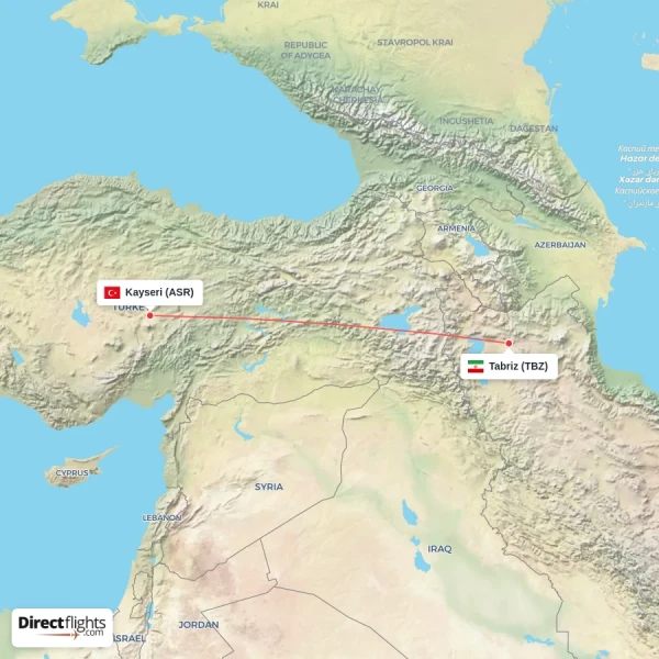 Kayseri - Tabriz direct flight map