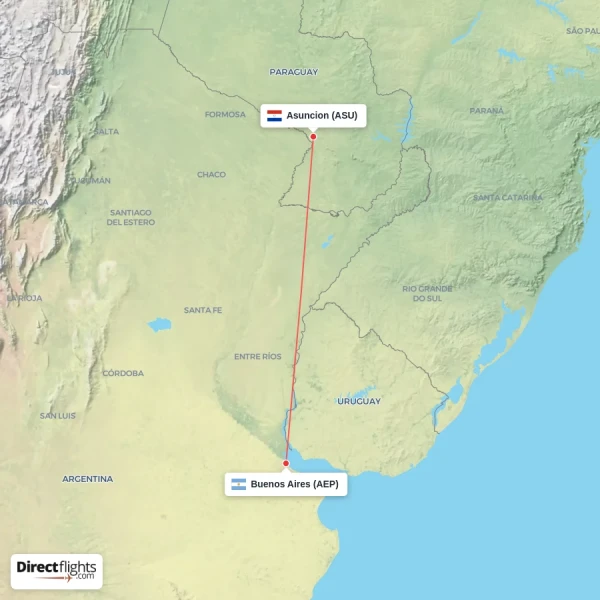 Asuncion - Buenos Aires direct flight map