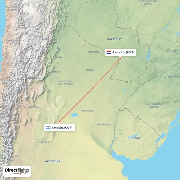 Asuncion - Cordoba direct flight map