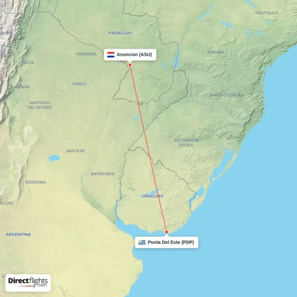 Asuncion - Punta Del Este direct flight map
