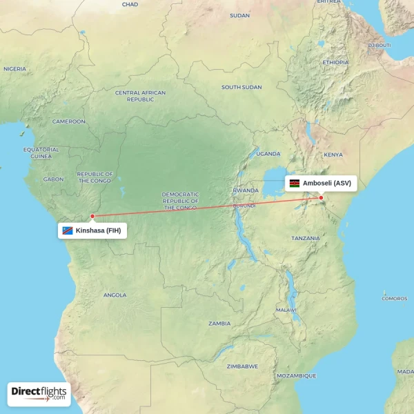 Amboseli - Kinshasa direct flight map