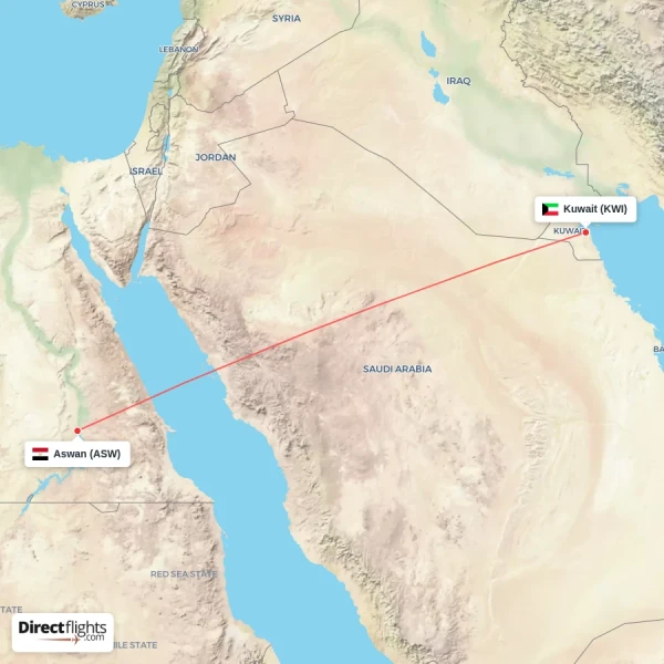 Aswan - Kuwait direct flight map