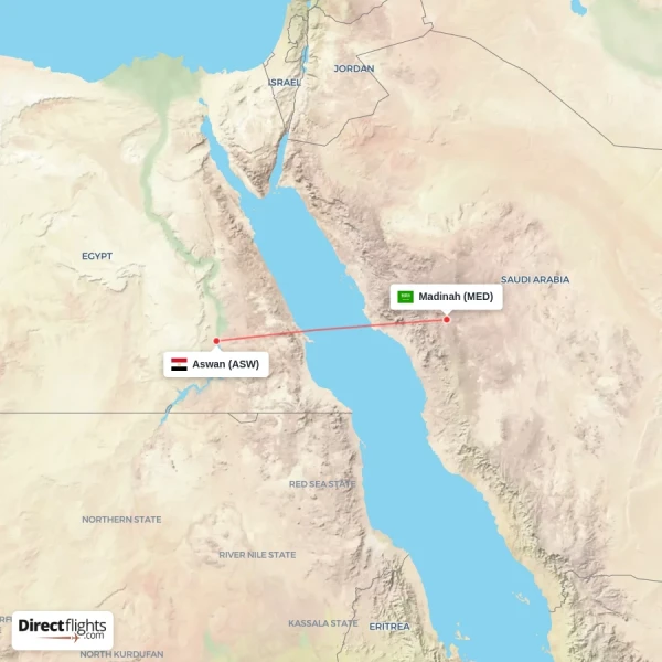 Aswan - Madinah direct flight map