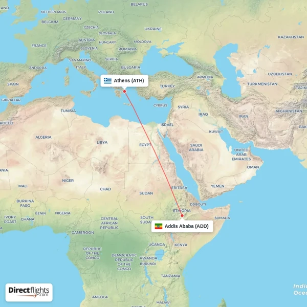Athens - Addis Ababa direct flight map