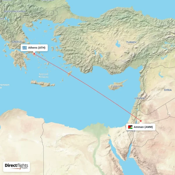 Athens - Amman direct flight map