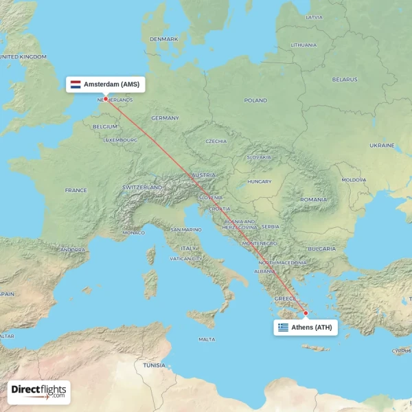 Athens - Amsterdam direct flight map