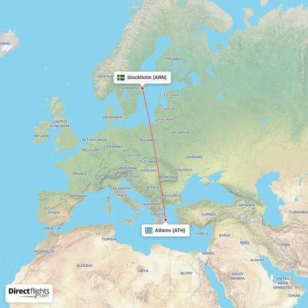 Athens - Stockholm direct flight map