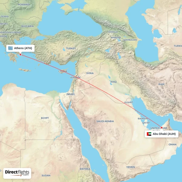 Athens - Abu Dhabi direct flight map