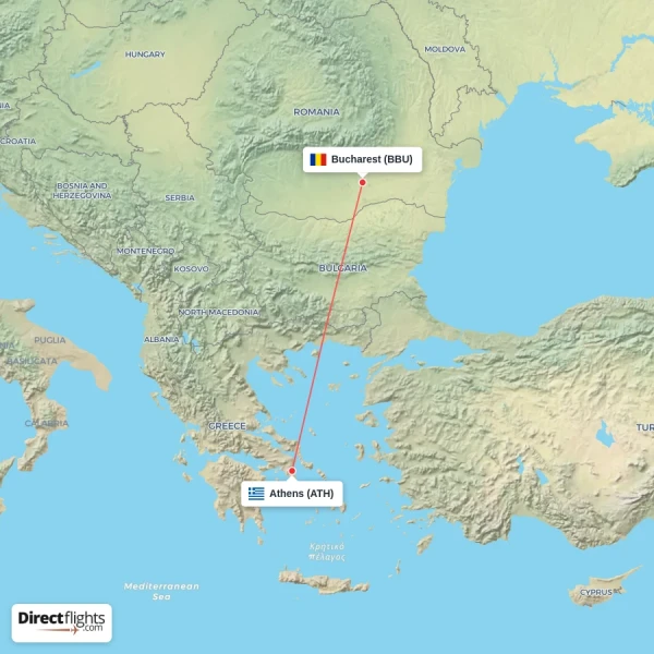 Athens - Bucharest direct flight map