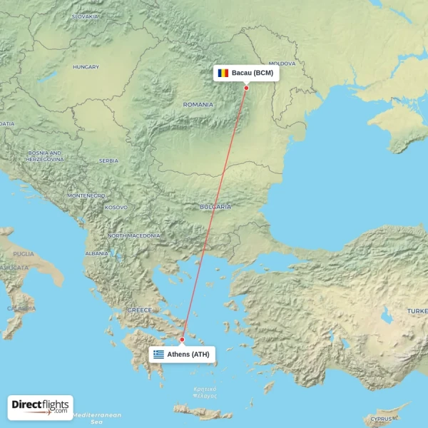 Athens - Bacau direct flight map