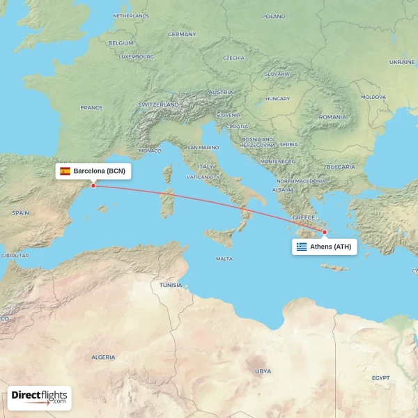 Athens - Barcelona direct flight map
