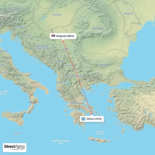 Athens - Belgrade direct flight map