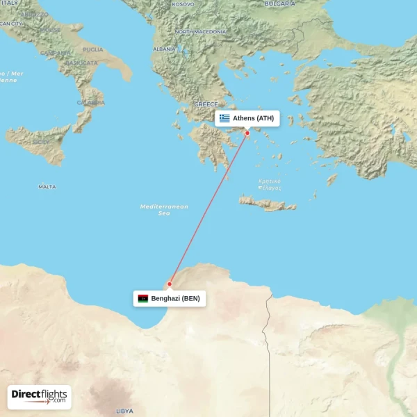Athens - Benghazi direct flight map