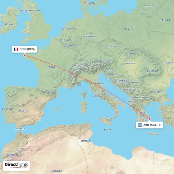 Athens - Brest direct flight map
