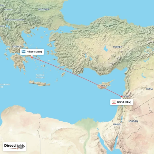 Athens - Beirut direct flight map
