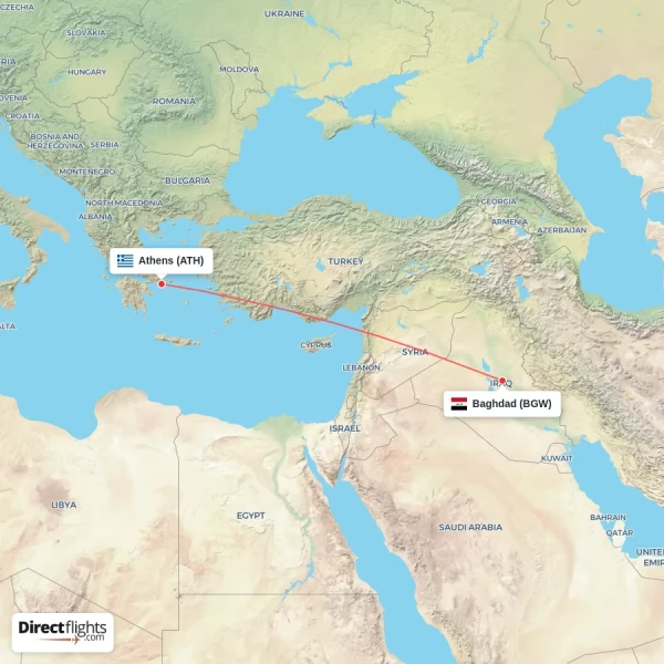 Athens - Baghdad direct flight map